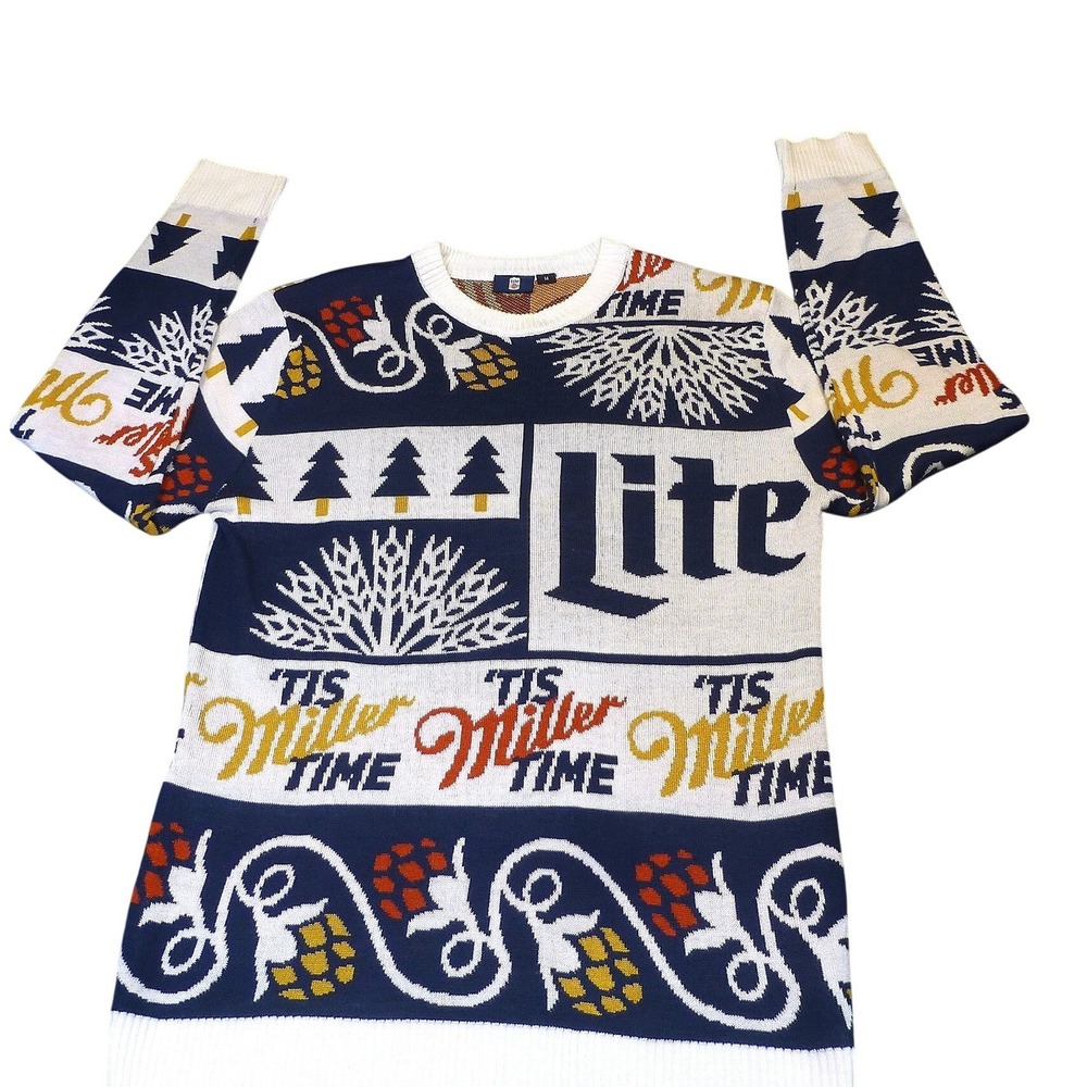 Miller Lite Tis Miller Time Ugly Christmas Sweater Mens Medium Navy White Gold